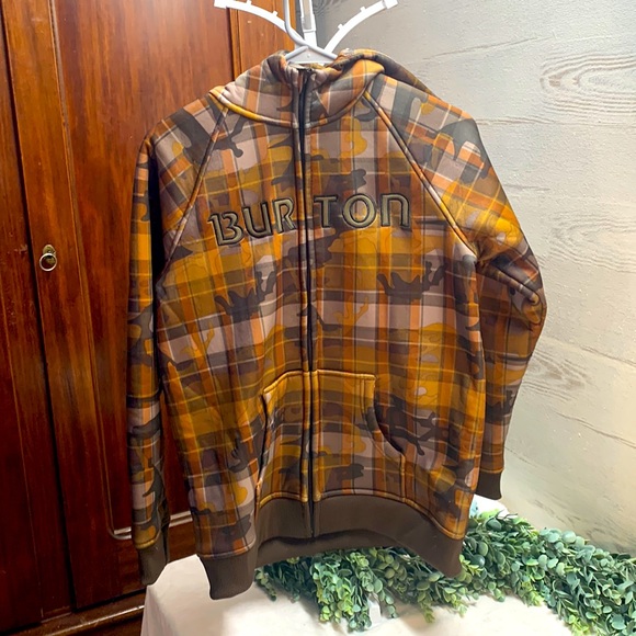 Burton bonded fleece zip snowboard hoodie orange brown plaid and camo size L